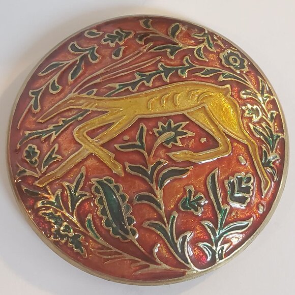 Vintage Enamel  Jewelry Trinket Box Round Brass Top Cloisonne Deer Design - Picture 2 of 10